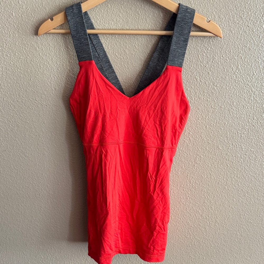 Lululemon Push Ur Limits Tank Top in coral red with heathered gray accents.